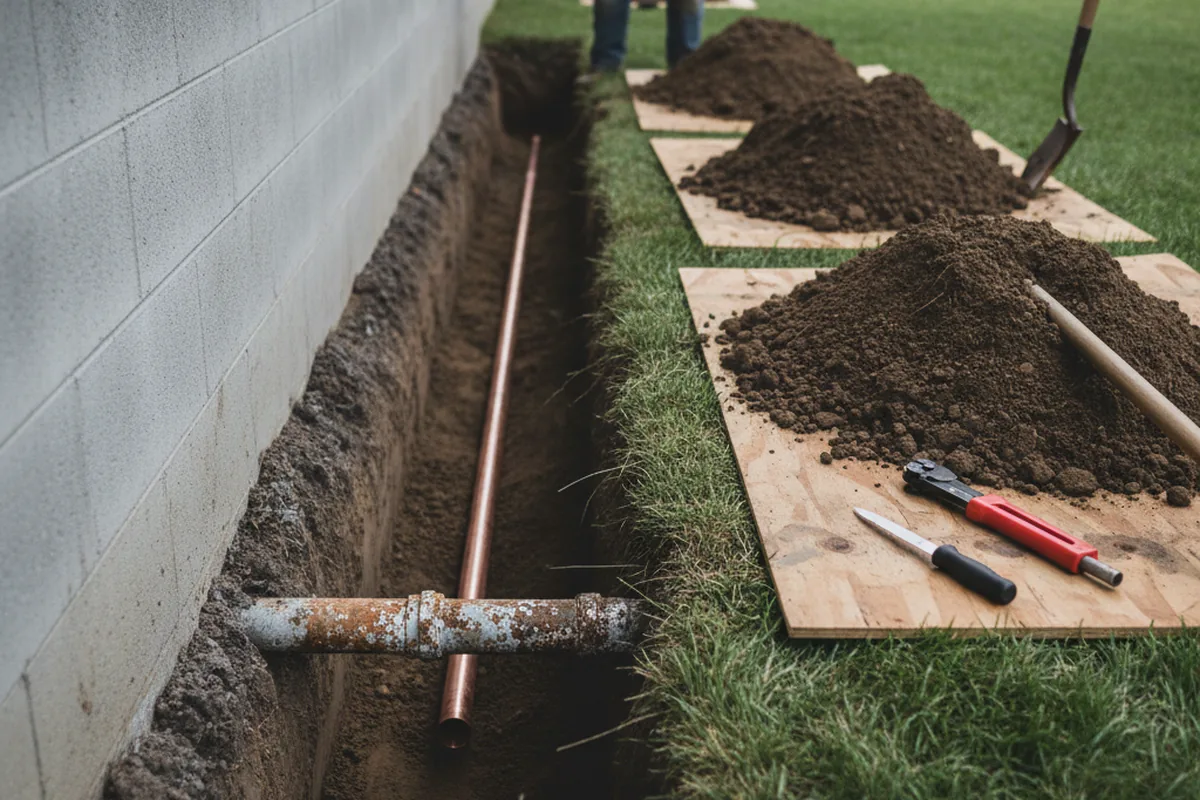 Excavated water line trench during Sewer Line Repair in Ormond Beach